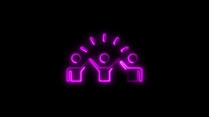 Glowing neon teamwork icon with uplifting concept on a dark black background