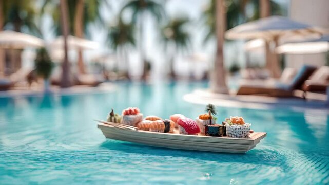 Wooden tray with various sushi pieces floats on the surface of a swimming pool at a tropical resort.
Concept of luxury lifestyle, exotic dining.