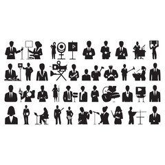 A collection of diverse figures involved in presentations, performances, and broadcasting.