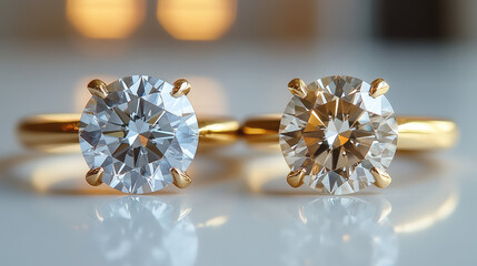 Fototapeta premium Two diamond rings, side-by-side, showcasing different clarity