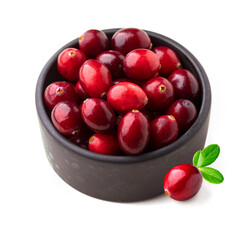 Cranberry. Cranberries in a black bowl isolated on white background.
