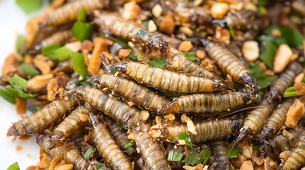 Fototapeta premium Crispy Fried Insects with Peanuts and Herbs Gourmet Dish