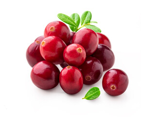 Cranberry isolated on white. 
Heap of cranberries with leaves isolated on white background. 