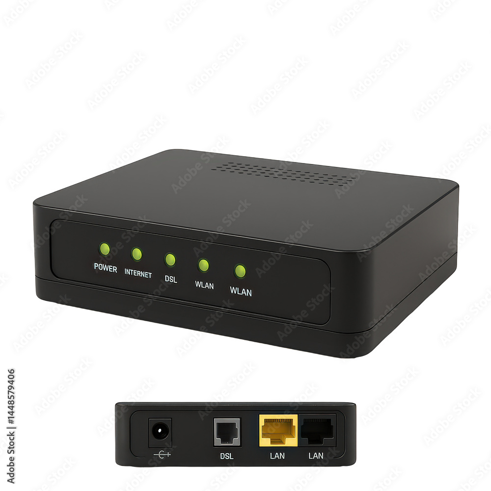 Poster modern black broadband modem with illuminated led status lights for internet and wireless connection