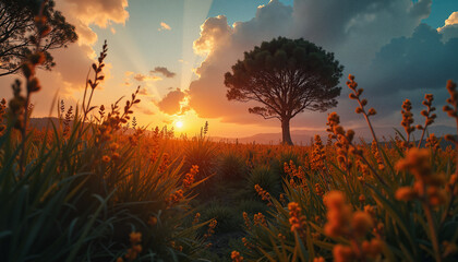 Serene sunset behind a tree with vibrant flowers in a meadow  