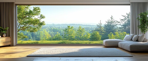 Modern living room with panoramic forest view