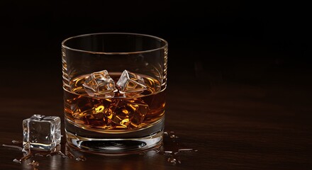 Elegant whiskey glass with ice cubes on dark wooden surface for beverage and bar concepts