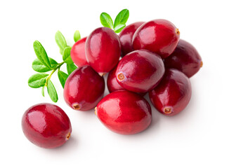 Cranberry isolated on white. 
Heap of cranberries with leaves isolated on white background. 