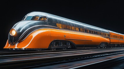Obraz premium Here's a possible and keyword list for your image.. Sleek orange and silver vintage train speeding on tracks against a black background.