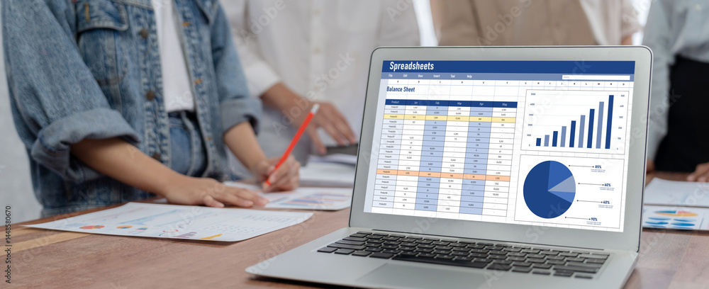 Aufkleber Spreadsheet document information financial startup concept. data and graphs in spreadsheet documents for online analysis project dashboard accounting digital brisk