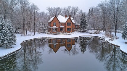Winter home reflected in a tranquil pond.