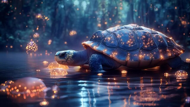 Giant bioluminescent turtle walks through a forest surrounded by glowing jellyfish. Concept of fantasy wildlife, alien environment.