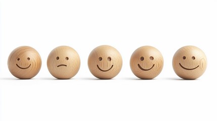 Simple wooden spheres display various emotional expressions.