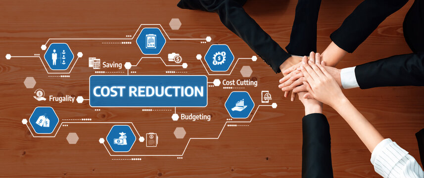 This image illustrates a collaborative effort focused on cost reduction within a business setting, showcasing teamwork, budgeting strategies, and effective financial management. Amity