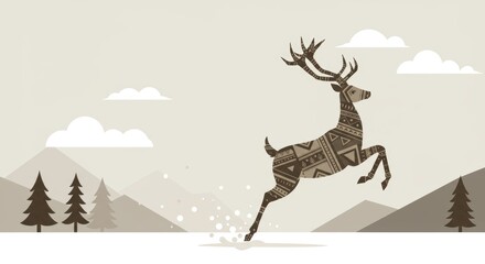 Stylized deer leaping through a mountainous landscape, adorned with geometric patterns, conveying a sense of freedom and tranquility against a soft background