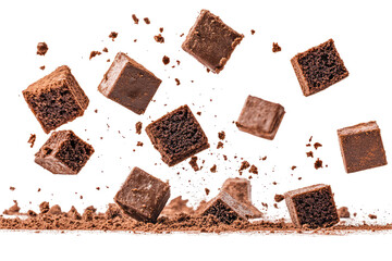 Brownie Squares Descending Mid Air  isolated on a transparent background