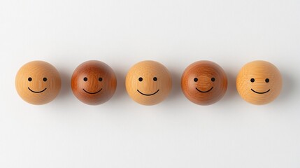Arrangement of smiling wooden spheres in a gradient of shades.