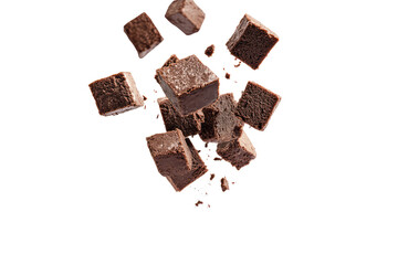 Brownie Squares Tumbling Through The Air  isolated on a transparent background