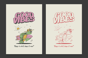 retro cartoon turtle with a surfboard, fun summer design for t-shirts and posters, vector illustration