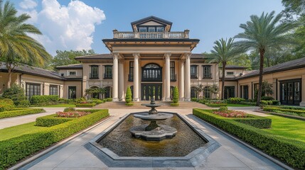 Obraz premium Elegant mansion facade with manicured landscaping and fountain.