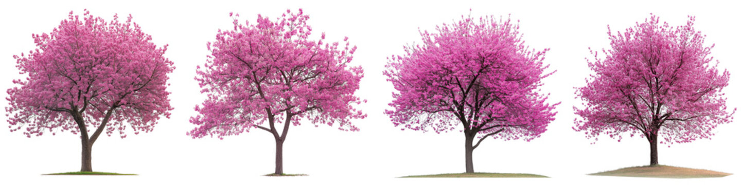 Eastern Redbud tree in full bloom, displaying vibrant pink-purple flowers, isolated on a white background