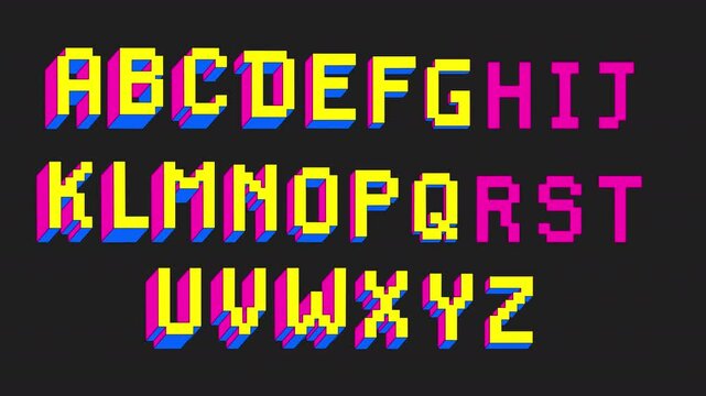 3D pixel push the button animated alphabet. A-Z voxel block letters. Cartoon typefaces appearing on a transparent alpha channel.	