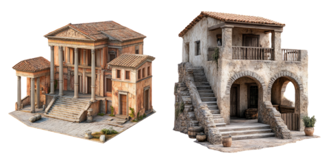 Mediterranean townhouses in rustic style isolated on transparent PNG perfect for travel brochures or architectural sketches