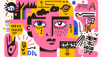 the image showcases an abstract portrait composed of various geometric shapes and graphic elements in a lively palette of colors