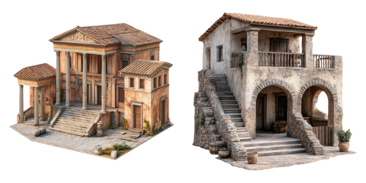 Mediterranean townhouses in rustic style isolated on transparent PNG perfect for travel brochures or architectural sketches