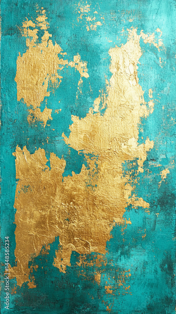 Poster Teal textured background with gold paint splatter, creating a luxurious and artistic effect, ideal for design projects or as a decorative element