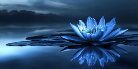 Serene blue lotus at twilight on calm water surface with reflective petals