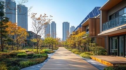 Modern residential area with pathway, trees, and contemporary homes
