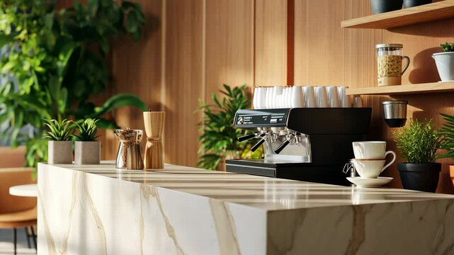 Modern coffee shop interior with espresso machine and lush greenery