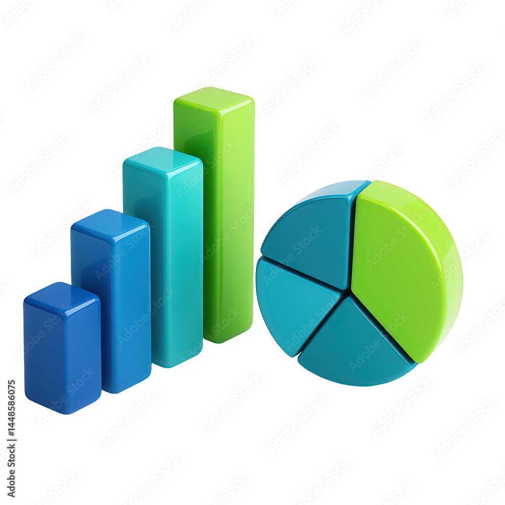 Poster vibrant 3d bar graph and pie chart illustrating data segments and upward trends in business analysis