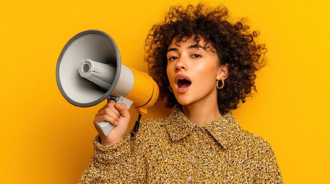 Young woman with curly hair passionately speaking into a megaphone against a bright yellow backdrop