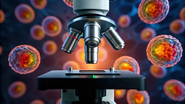 Futuristic microscope scanning immune cells in a scientific setting for advanced research insights.