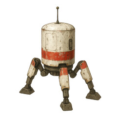 A weathered, cylindrical reconnaissance droid with four articulated legs and a top antenna, rendered with detail.