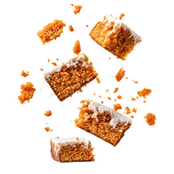 Carrot Cake Chunks In Free Fall  isolated on a transparent background
