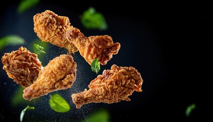 Fototapeta premium Fried Chicken Pieces Falling in Mid-Air Against Black Background
