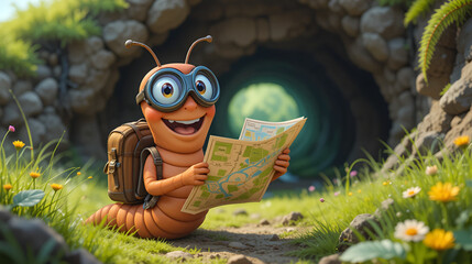 A cheerful, anthropomorphic cartoon worm with goggles and a backpack, enthusiastically holding a map, prepares for an exciting underground adventure in a bright green meadow.
