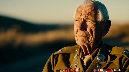 Elderly war veteran wearing uniform with medals