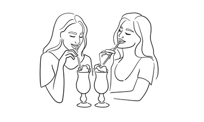 Womans drink latte, line art drawing. Barista made tea on white background. Enjoying the moment now. Vector illustration