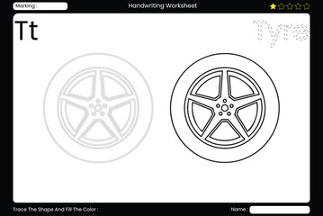 Trace Letter T. Fun Tyre Coloring Page for Kids. Printable Vocabulary Builder. Educational Vector Worksheet