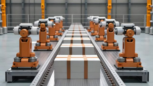 Manufacturing automation for productivity improvement, A row of industrial robots on a production line, designed for efficiency in automation, working alongside boxes for streamlined operations.