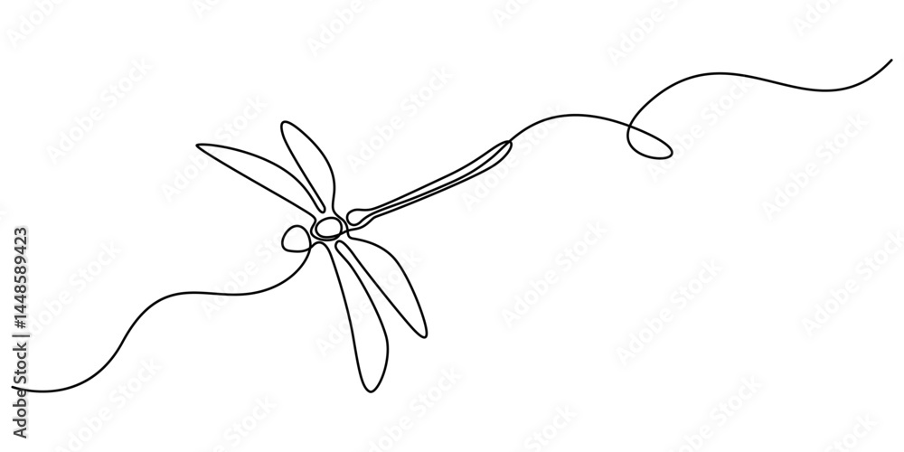 Poster continuous one line drawing of dragonfly, dragonfly continuous one line art drawing of outline. vect