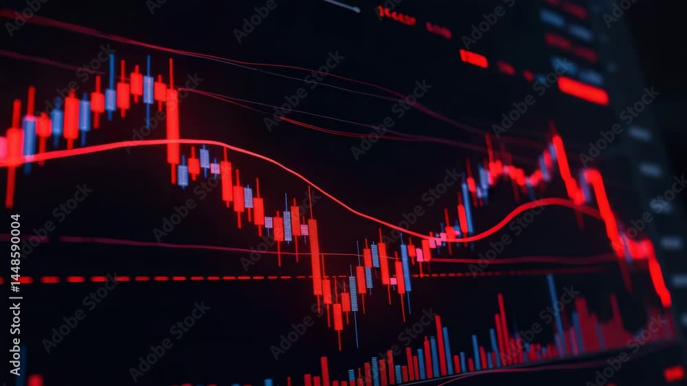 Poster a vivid digital stock market chart displaying fluctuating prices with red and blue candlestick patte