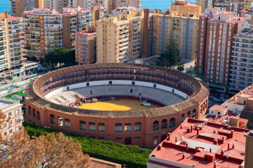 Corrida bullfighting stadium in Plaza de Torros. Bullring in Malagueta, Malaga, Andalusia, Spain