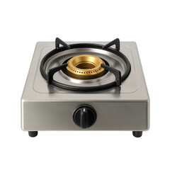 Fototapeta premium Sleek stainless steel single burner gas stove featuring a bright brass burner and black control knob, ideal for compact spaces.