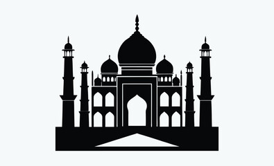 taj mahal silhouette, black and white, indian monument vector, famous landmark illustration, simple architectural design