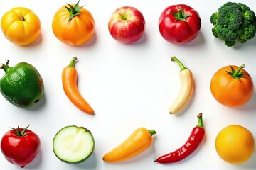 Vibrant organic fruits & vegetables isolated on white, natural, vegetarian, food